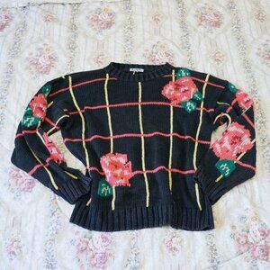 Retro vintage black and red geometric rose sweater